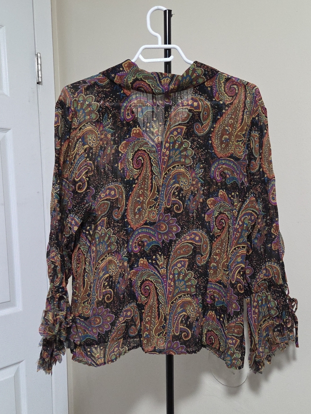 Womens Paisley Ruffle Button-Front Top - Brown Multi - Picture 5 of 6